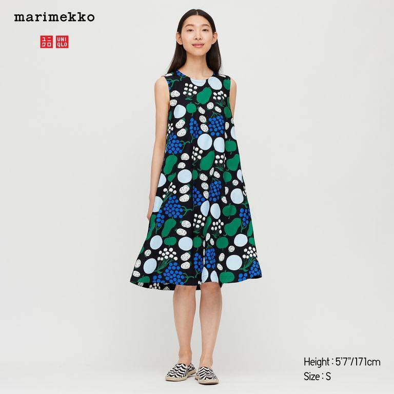 Marimekko X Uniqlo Blue & White Linen Blend Wave Pattern Dress Size Large